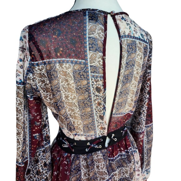 Patchwork Bohemian Dress Burgundy Long Sleeve Boho Style - Picture 4 of 5